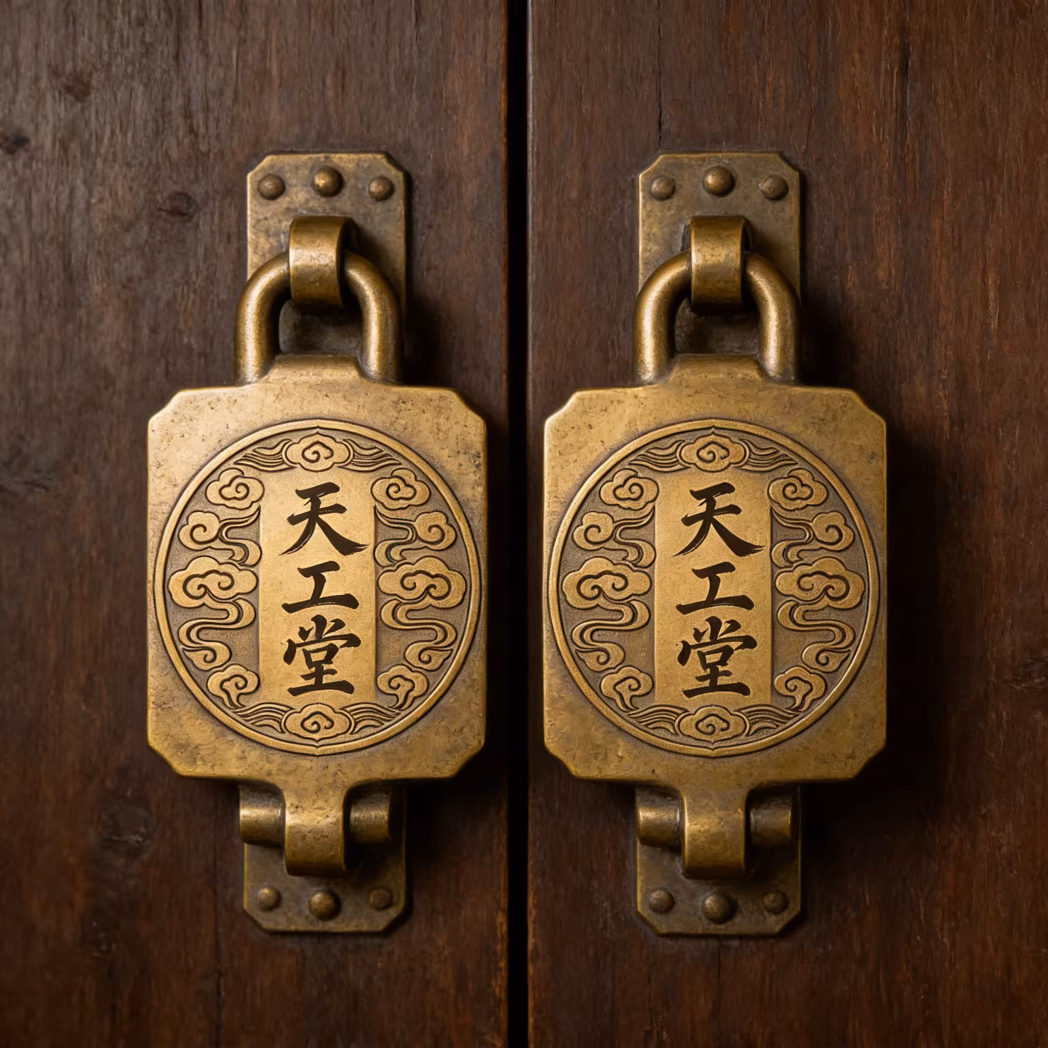 祥雲紋「天工堂」黃銅門把手